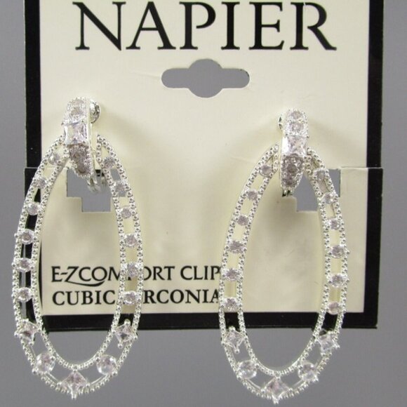 NAPIER 1980's Bold Silver Clear CZ Door Knocker E-Z Comfort Clip On Earrings~NEW - Picture 2 of 4